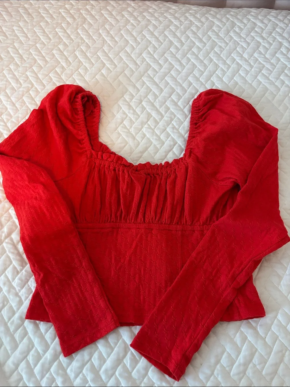 Free People Red Puff-Sleeve Button-Front Top